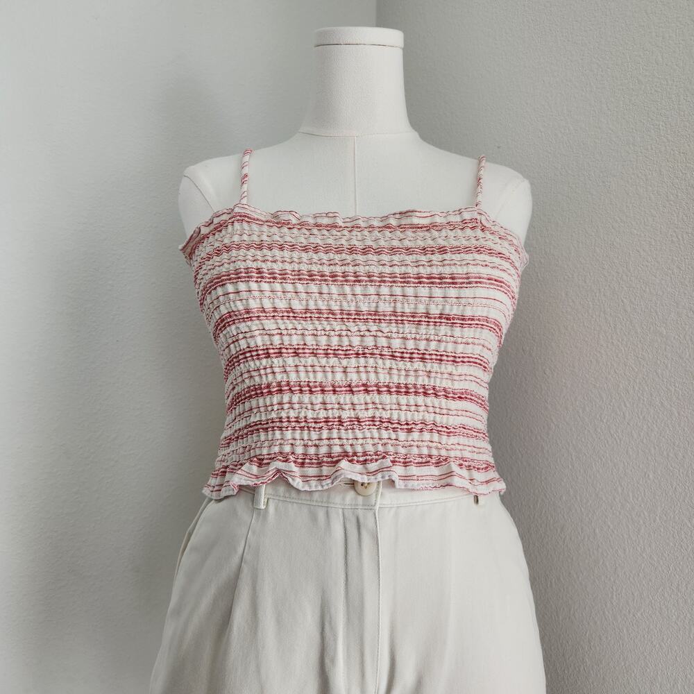 Vintage 70s 80s Pink White Striped Smocked Crop Top Spaghetti Strap Cottage M
